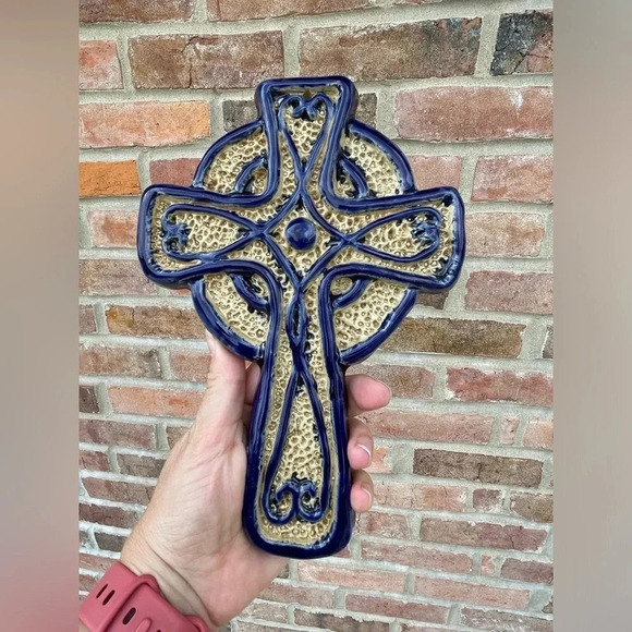 Cross Ceramic Cross Hand Painted Wall Hanging Celtic Cobalt Blue - Picture 1 of 3